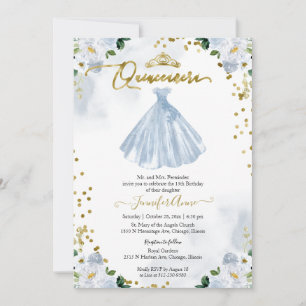 Invitación a Quinceanera floral azul bilingüe