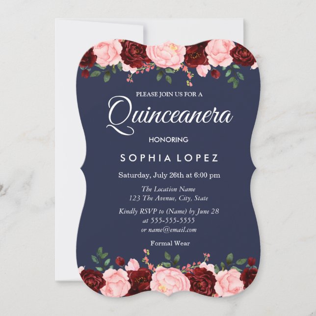 Invitación a Quinceanera floral azul de borgoña de (Anverso)