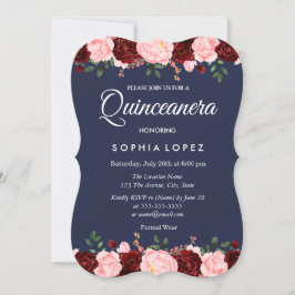 Invitación a Quinceanera floral azul de borgoña de