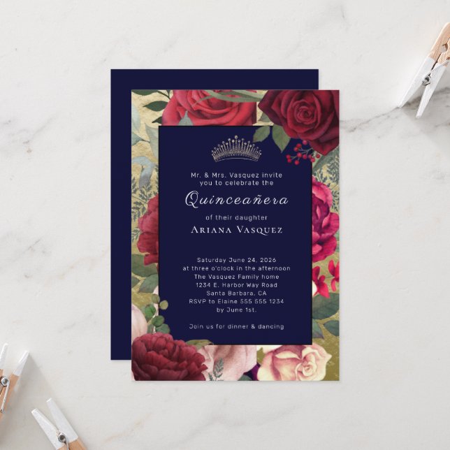 Invitación a Quinceañera floral azul de la Marina  (Anverso/Reverso In Situ)