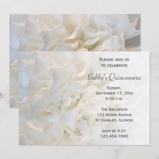Invitación a Quinceanera floral blanca (Anverso / Reverso)