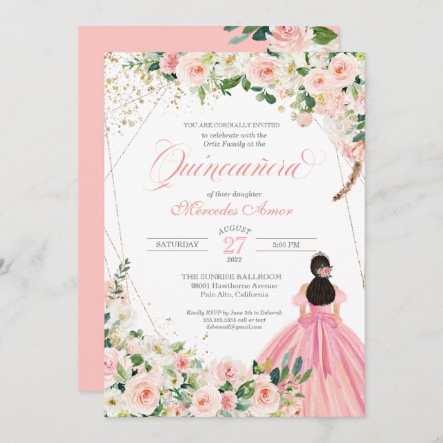 Invitación a Quinceanera floral blanca y rosa de R (Anverso / Reverso)