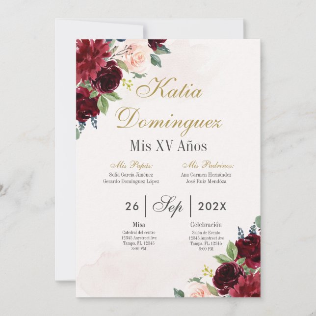Invitación a Quinceanera floral borgoña (Anverso)