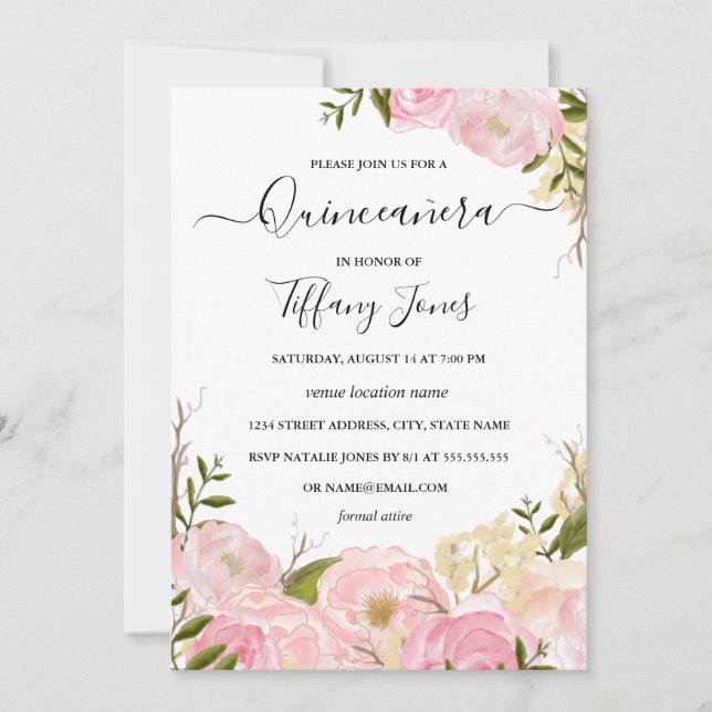 Invitación a Quinceanera floral color de agua rosa (Anverso)