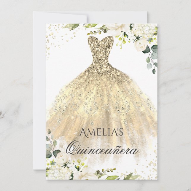 Invitación a Quinceanera floral con espuma de oro (Anverso)