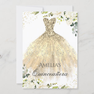 Invitación a Quinceanera floral con espuma de oro