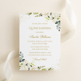 Invitación a Quinceanera floral con espuma de oro