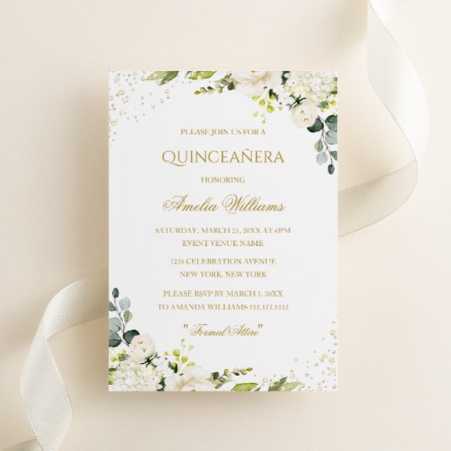 Invitación a Quinceanera floral con espuma de oro (Subido por el creador)