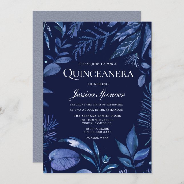 Invitación a Quinceanera floral de hoja azul de ín (Anverso / Reverso)