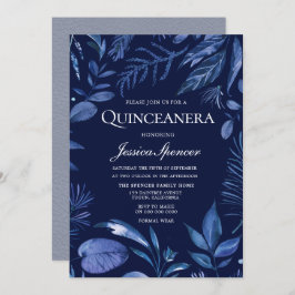 Invitación a Quinceanera floral de hoja azul de ín