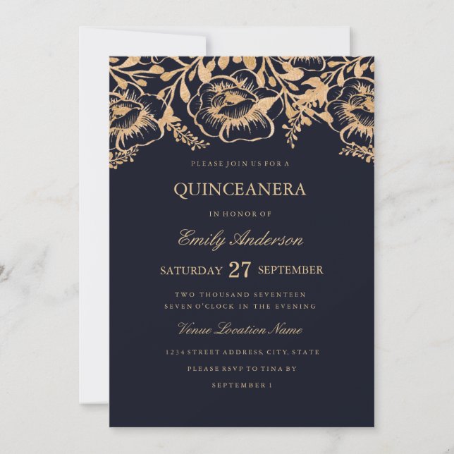 Invitación a Quinceanera floral de la Marina de Or (Anverso)