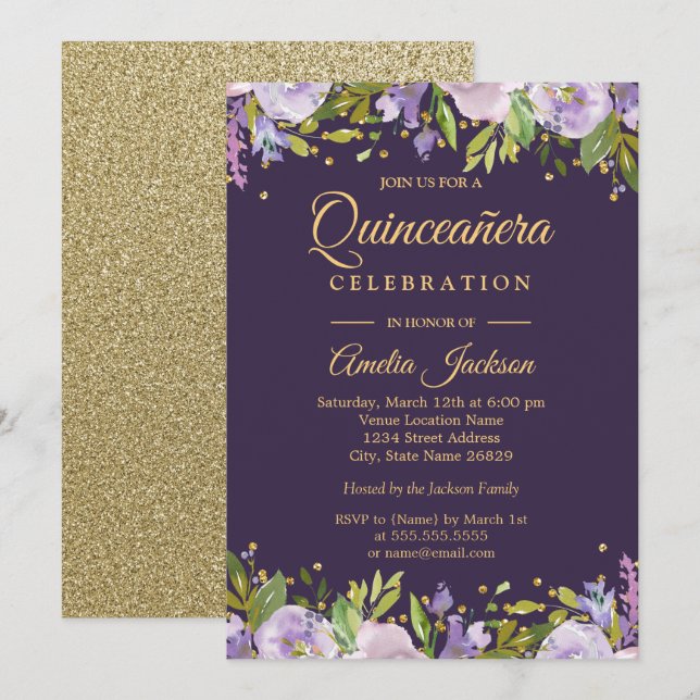 Invitación a Quinceanera floral de oro morado espu (Anverso / Reverso)