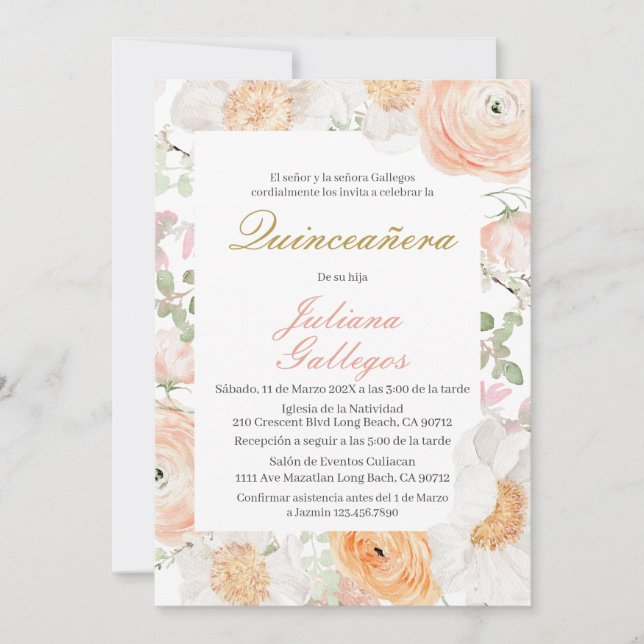 Invitación a Quinceanera floral de primavera (Anverso)