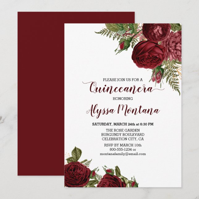 Invitación a Quinceanera floral de rosas rojas bor (Anverso / Reverso)