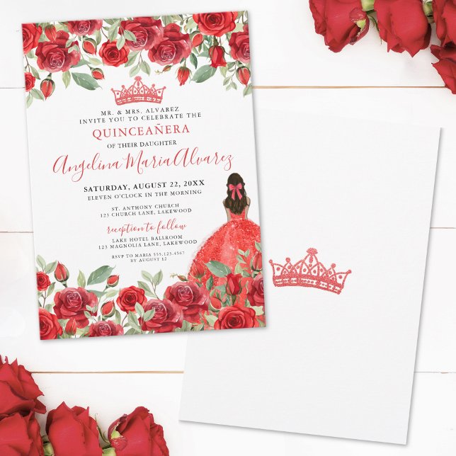 Invitación a Quinceanera floral de rosas rojas roj (Red Roses Floral Quinceanera Invitation)