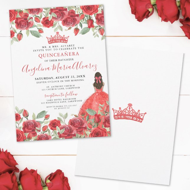 Invitación a Quinceanera floral de rosas rojas roj (Red Roses Floral Quinceanera Invitation)