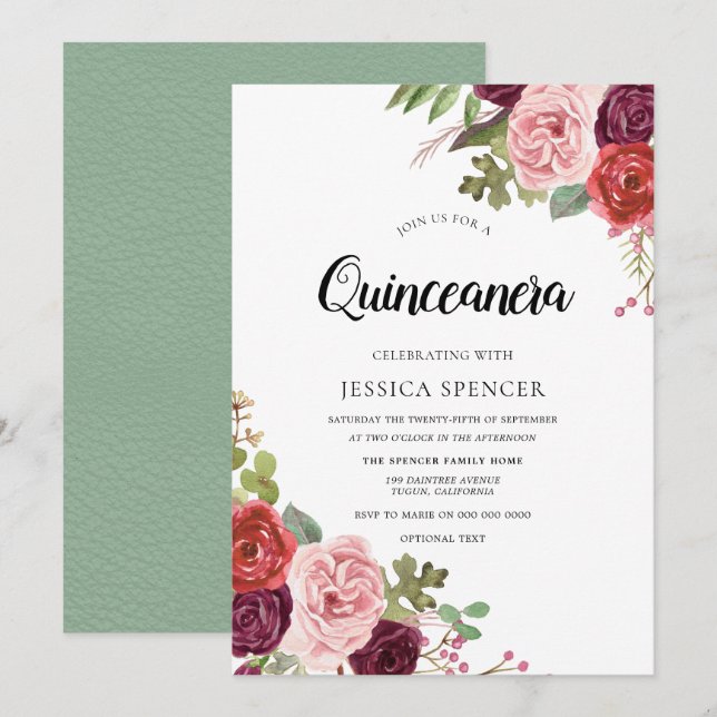 Invitación a Quinceanera floral de Rubor en blanco (Anverso / Reverso)