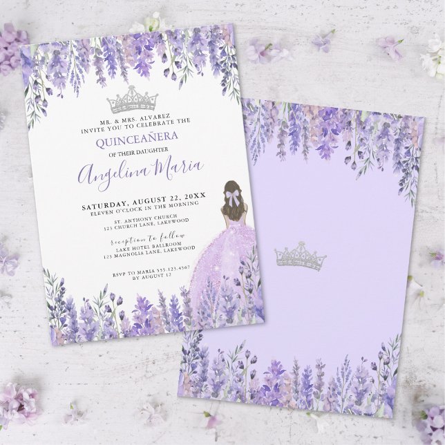 Invitación a Quinceanera floral morada acuarela (Watercolor Floral Purple Quinceanera Invitation)