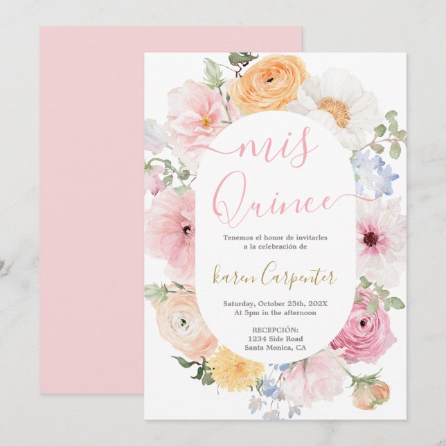 Invitación a Quinceanera floral rosa (Anverso / Reverso)