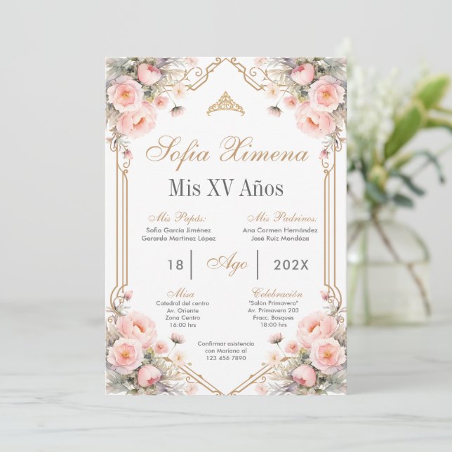 Invitación a Quinceanera floral rosa (Anverso de pie)