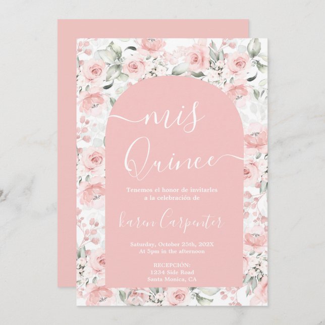Invitación a Quinceanera floral rosa (Anverso / Reverso)