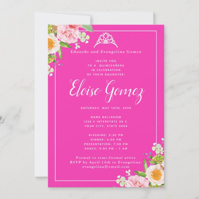 Invitación a Quinceanera floral rosa brillante (Anverso)