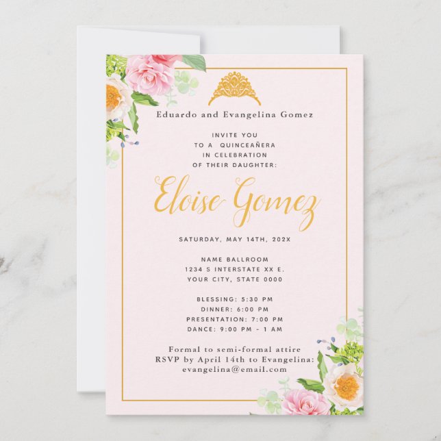 Invitación a Quinceanera floral rosa claro (Anverso)