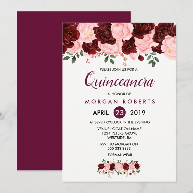 Invitación a Quinceanera floral rosa y borgoñona (Anverso / Reverso)
