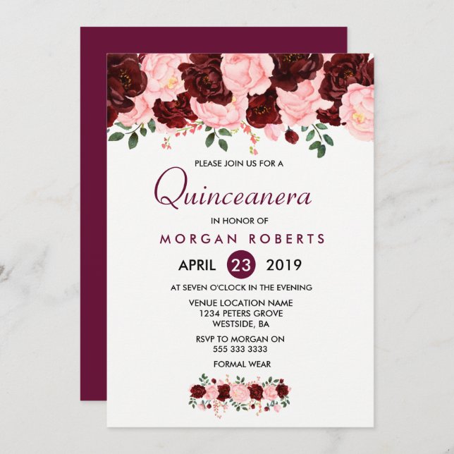Invitación a Quinceanera floral rosa y borgoñona (Anverso / Reverso)