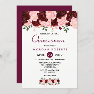 Invitación a Quinceanera floral rosa y borgoñona