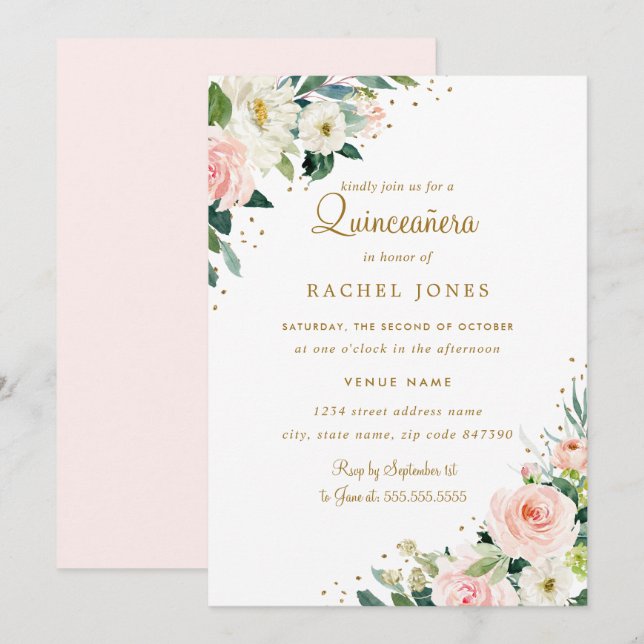 Invitación a Quinceanera floral Rubor rosa de oro  (Anverso / Reverso)