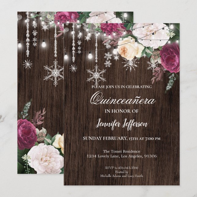 Invitación a Quinceanera floral rústica (Anverso / Reverso)