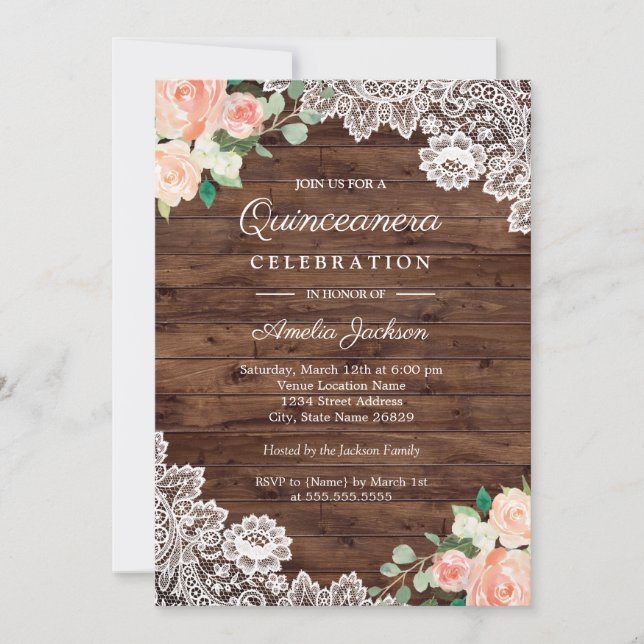 Invitación a Quinceanera floral rústica de madera (Anverso)