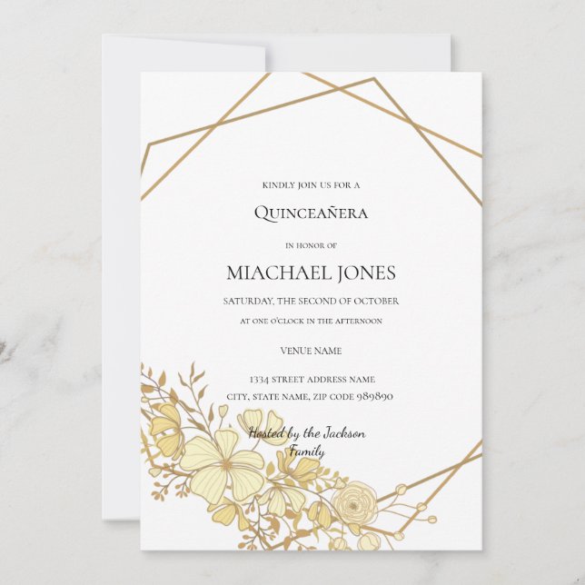 Invitación a Quinceanera Geométrica Floral de oro  (Anverso)