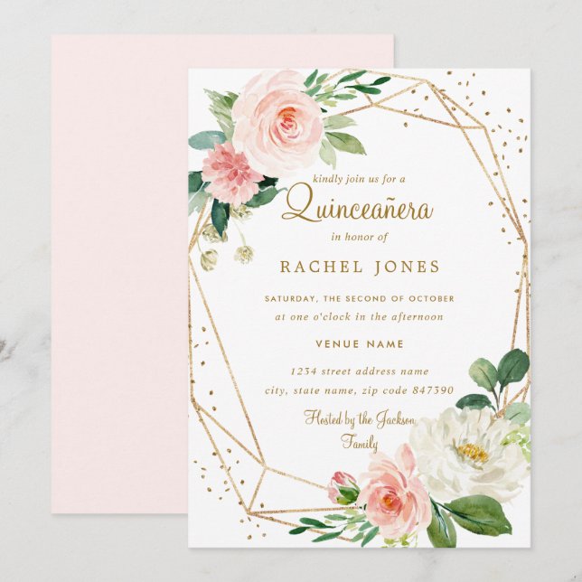 Invitación a Quinceanera Geométrica Floral Gold de (Anverso / Reverso)