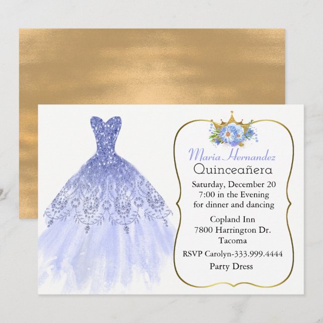 Invitación a Quinceañera Glitzy Blue Gown (Anverso / Reverso)