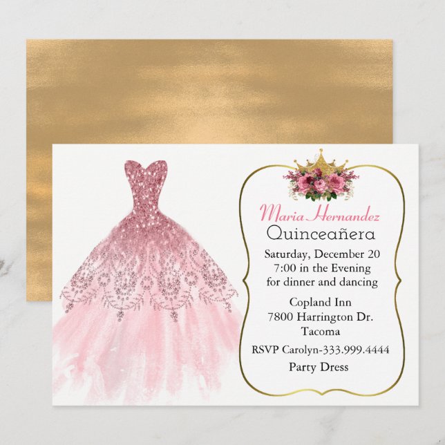 Invitación a Quinceañera Gown Pink Gown (Anverso / Reverso)