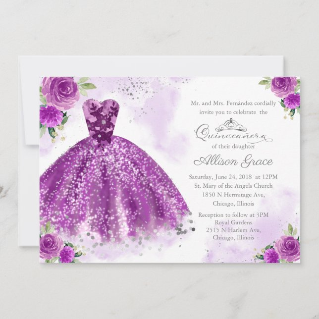 Invitación a Quinceanera Guata de Púrpura Bilingüe (Anverso)