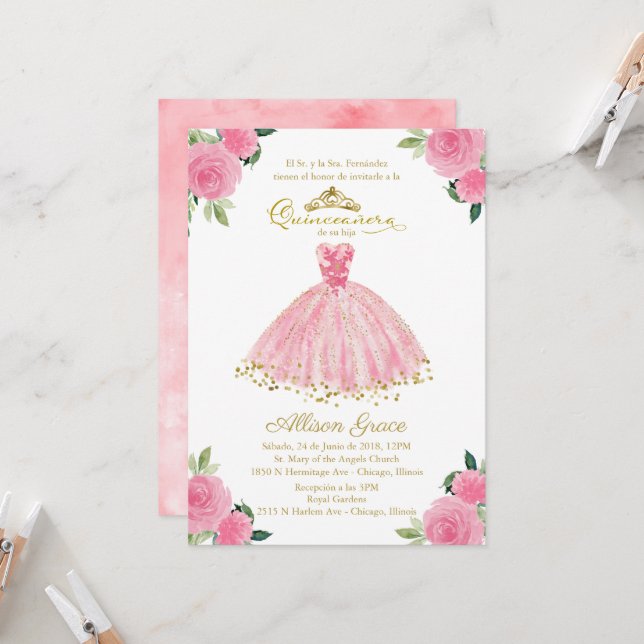 Invitación a Quinceanera Guiso Español de Color Ro (Anverso/Reverso In Situ)