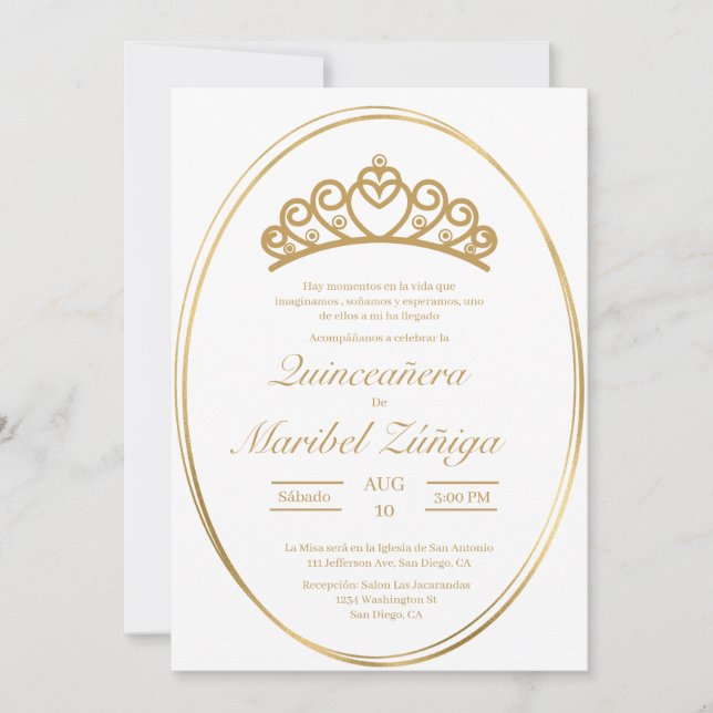 Invitación a Quinceanera oval de oro (Anverso)