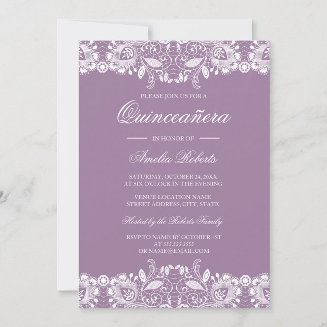 Invitación a Quinceanera púrpura de encaje vintage (Anverso)