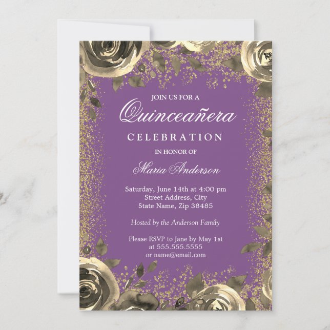 Invitación a Quinceanera Purpurina de espuma morad (Anverso)