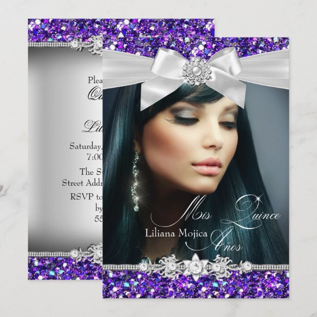 Invitación a Quinceanera, Purpurina de plata púrpu (Anverso / Reverso)