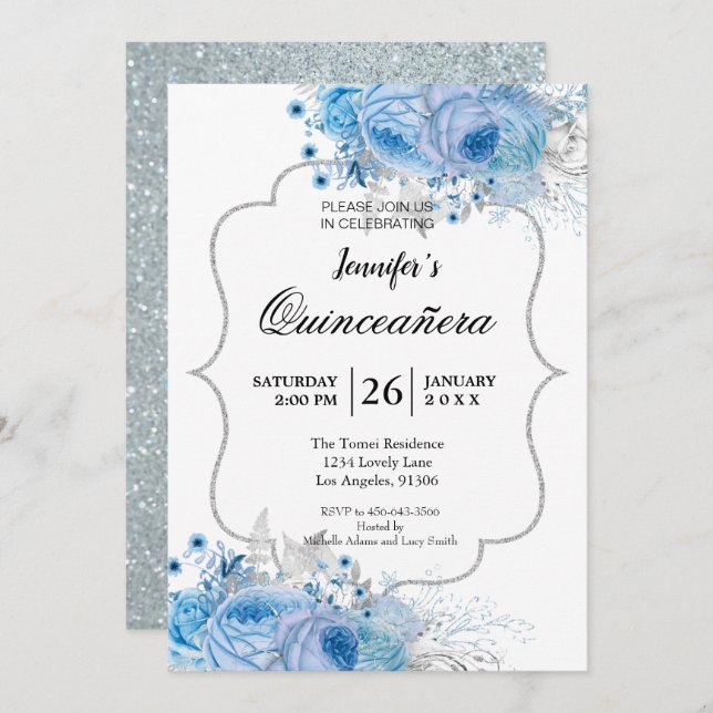 Invitación a Quinceanera purpurina Floral (Anverso / Reverso)
