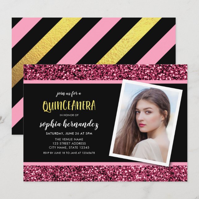 Invitación a Quinceanera Purpurina rosa (Anverso / Reverso)