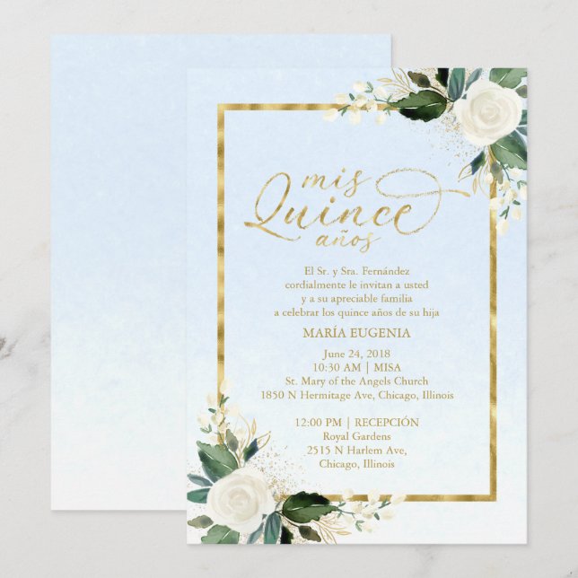 Invitación a Quinceanera Relieve metalizado dorado (Anverso / Reverso)