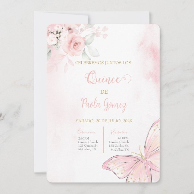 Invitación a Quinceanera Rosa de Rubor (Anverso)