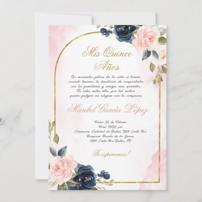 Invitación a Quinceanera Rosa en español (Anverso)
