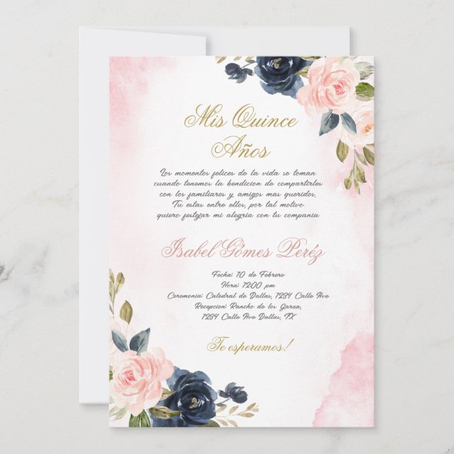 Invitación a Quinceanera Rosa en español (Anverso)