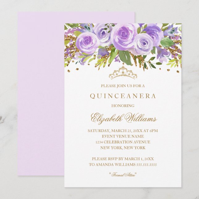 Invitación a Quinceanera, Rosa floral de oro morad (Anverso / Reverso)